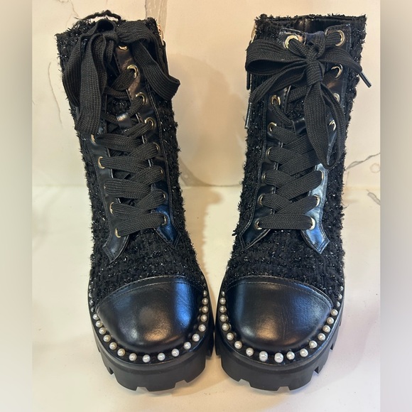 NWOT Kate Spade Merritt Lug Pearl Combat Boots Black Tweed Leather Studded 9B - Picture 2 of 7